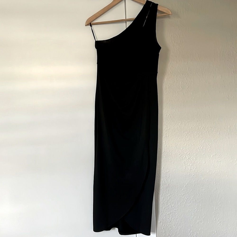Black, one shoulder dress.